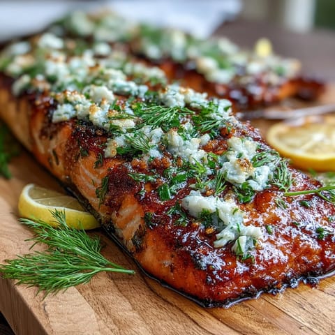 Cedar Plank Salmon with Lemon Dill, grilled to perfection on a smoky cedar plank with fresh herbs and citrus zest.