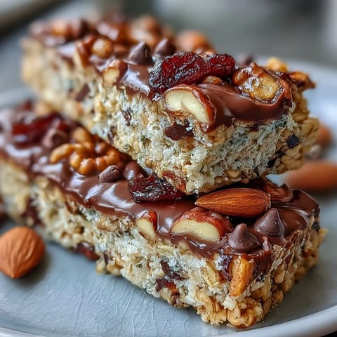 No-Bake Granola Energy Bars with oats, nuts, and dried fruit in a parchment-lined pan.