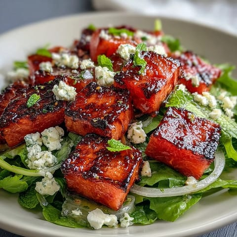 Sweet and smoky grilled watermelon salad with crumbled feta, fresh mint, and balsamic drizzle.