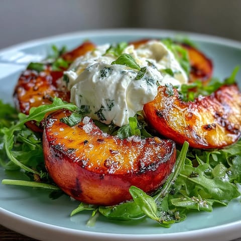 A vibrant summer salad with grilled peaches, creamy burrata, and a drizzle of honey, served on fresh arugula.