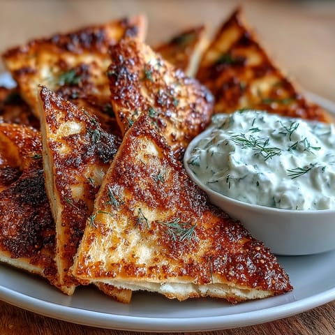 Golden baked pita chips paired with refreshing tzatziki sauce, ideal for summer gatherings.
