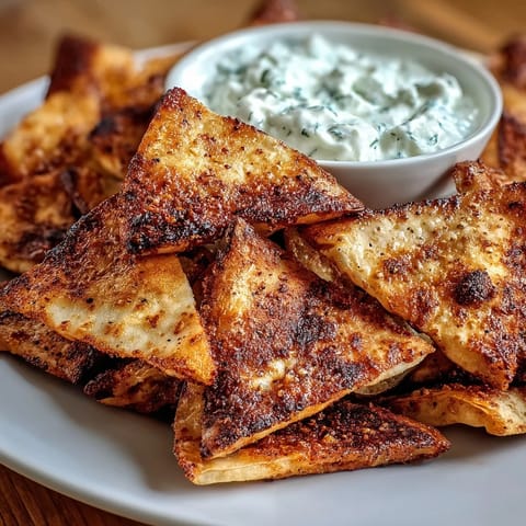Crispy homemade pita chips with cool, creamy tzatziki dip — perfect Mediterranean snack.