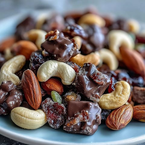 Homemade trail mix with dark chocolate featuring crunchy almonds, cashews, and sweet dried fruits in a wholesome snack mix.