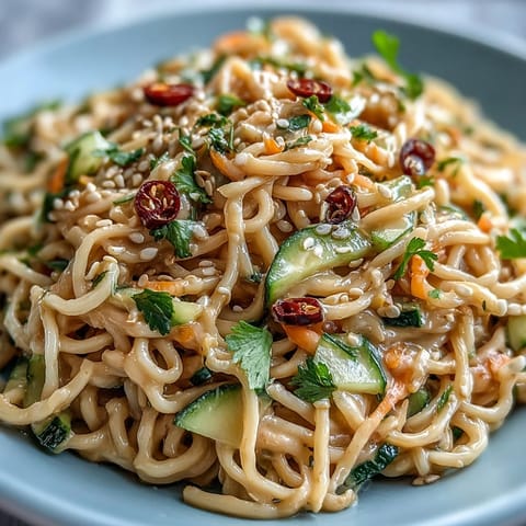 Cold sesame noodle bowl with cucumber, vibrant veggies, and creamy sesame sauce in a chilled, refreshing dish.  
