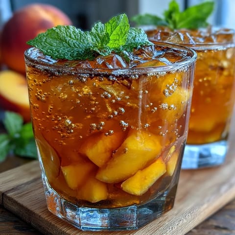 A vibrant glass of mango peach sparkling tea with fresh mint and fruit slices, perfect for summer refreshment.