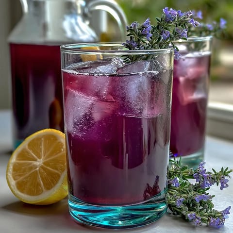 A vibrant Purple Rain Lavender Lemonade Refresher with fresh citrus and soothing lavender notes.