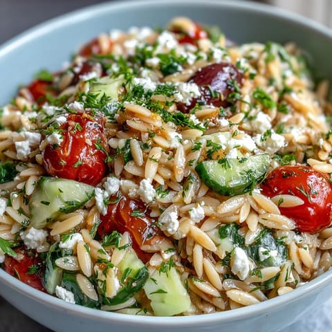 Bright orzo salad with cucumber, feta, and zesty lemon dressing, perfect for lunch.