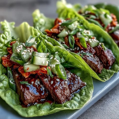 Juicy Korean BBQ beef nestled in crisp lettuce wraps with vibrant kimchi.