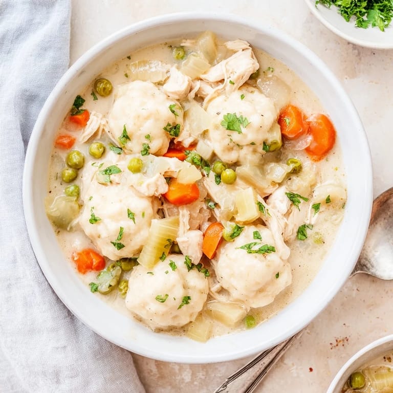 Hearty Chicken and Dumplings stew with tender chicken chunks and fluffy, melt-in-your-mouth dumplings ready to serve.