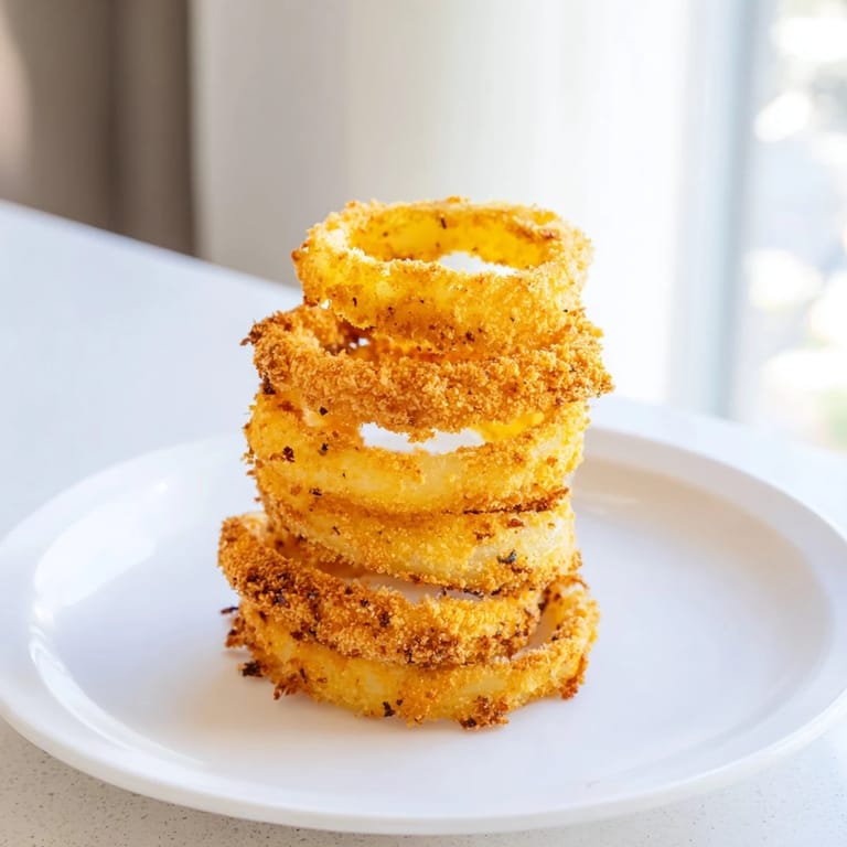 Freshly fried onion rings piled high, ready to be dipped in ranch.