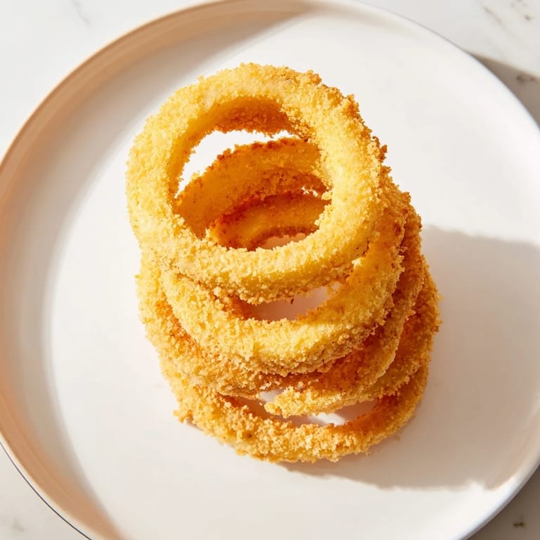 Golden-brown onion rings with a light, crunchy coating, stacked on a plate.