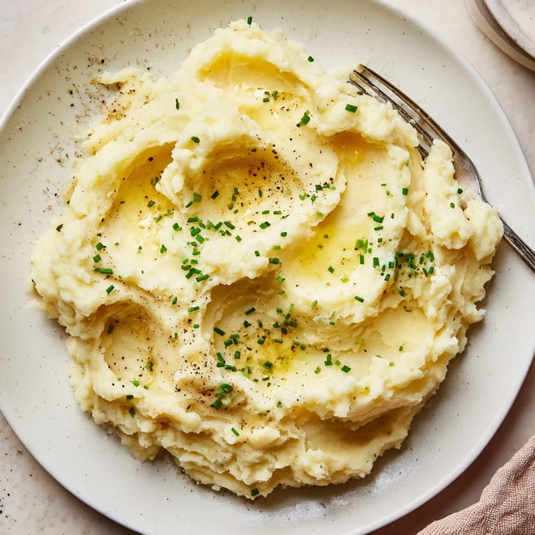 Creamy Mashed Potatoes in a ceramic dish, garnished with chopped parsley and a drizzle of olive oil.