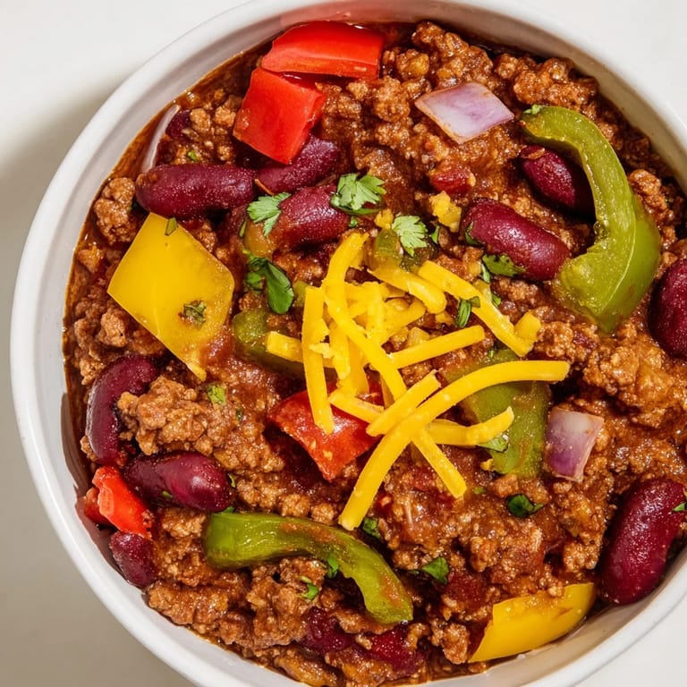 Easy weeknight Chili con Carne with kidney beans and bell peppers in a rustic pot.
