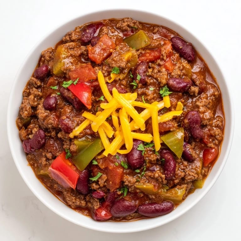 Homemade Tex-Mex Chili con Carne served with warm cornbread and sliced avocado on the side.