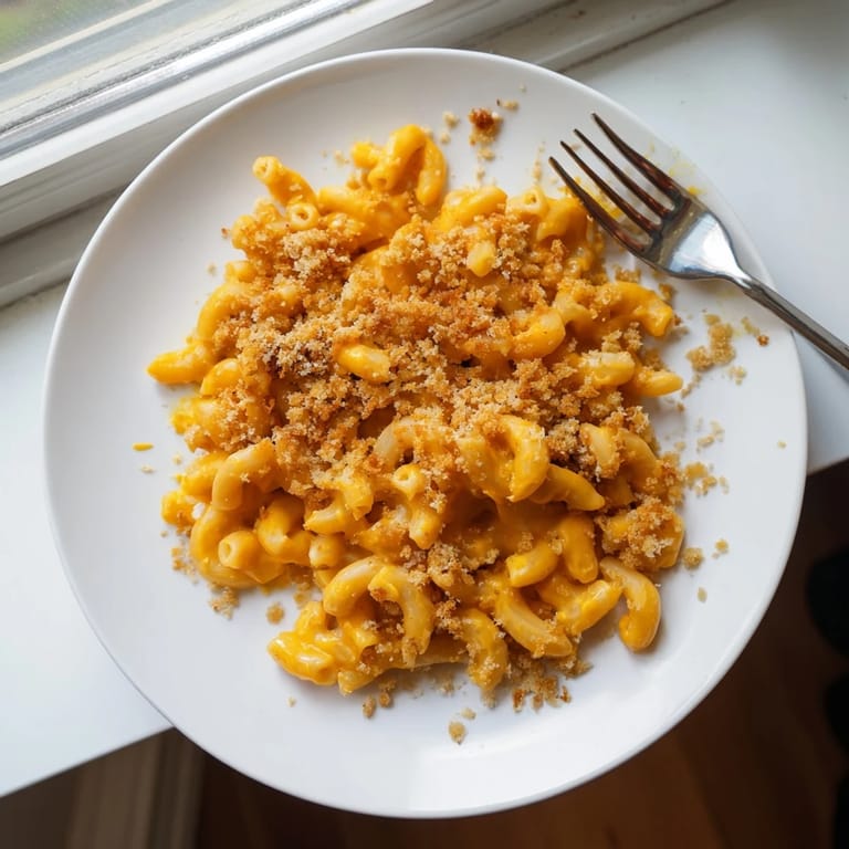 Creamy homemade Macaroni and Cheese served steaming in a bowl with a silver fork on a rustic wooden table.