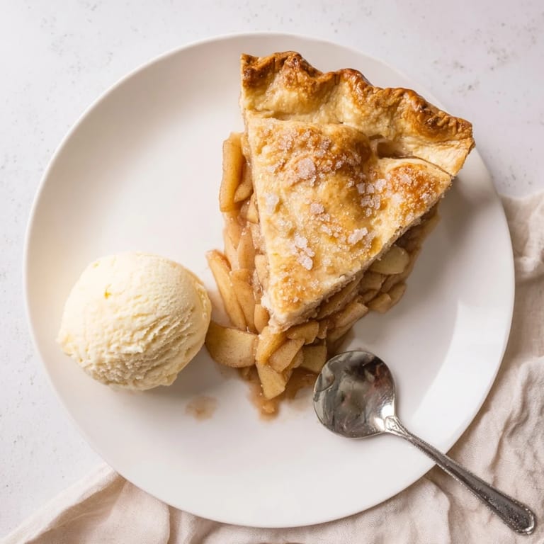 Golden baked apple pie slice served with vanilla ice cream on plate.