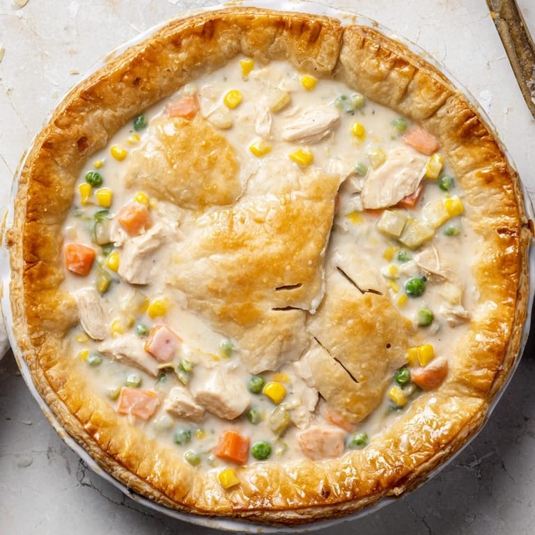 Close-up of Chicken Pot Pie revealing a rich, creamy filling of diced carrots, peas, and chicken.
