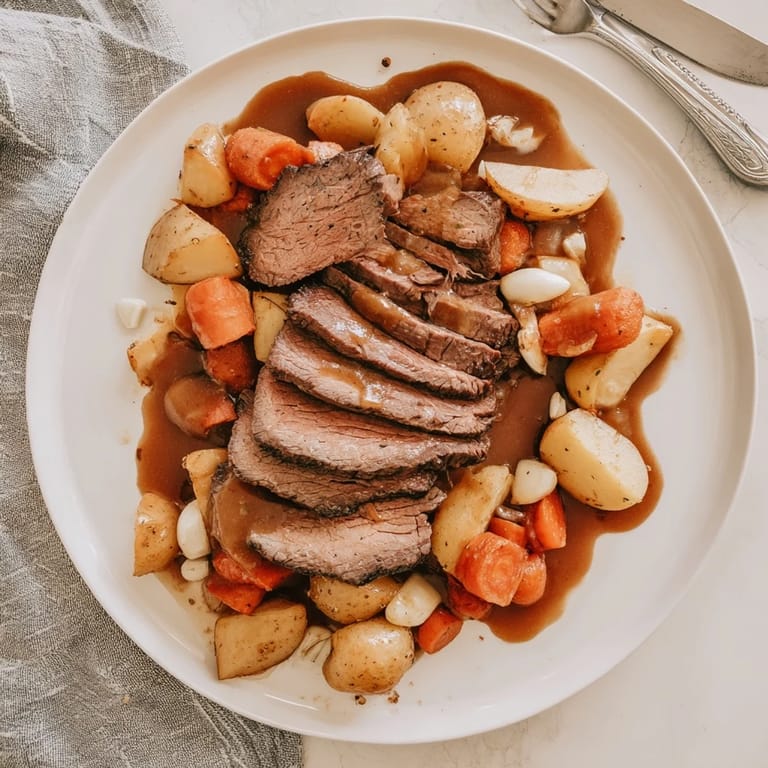 Slices of juicy Beef Pot Roast plated alongside soft Yukon Gold potatoes and glazed carrots, ready to be enjoyed warm with crusty bread.