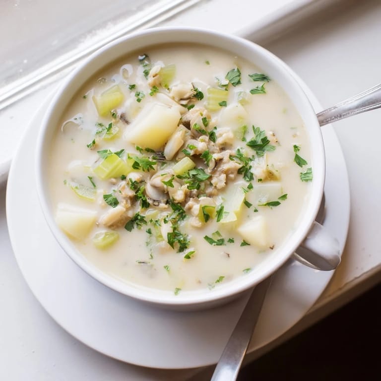 A ladle serves rich Clam Chowder from a pot, showing tender clams and diced potatoes.