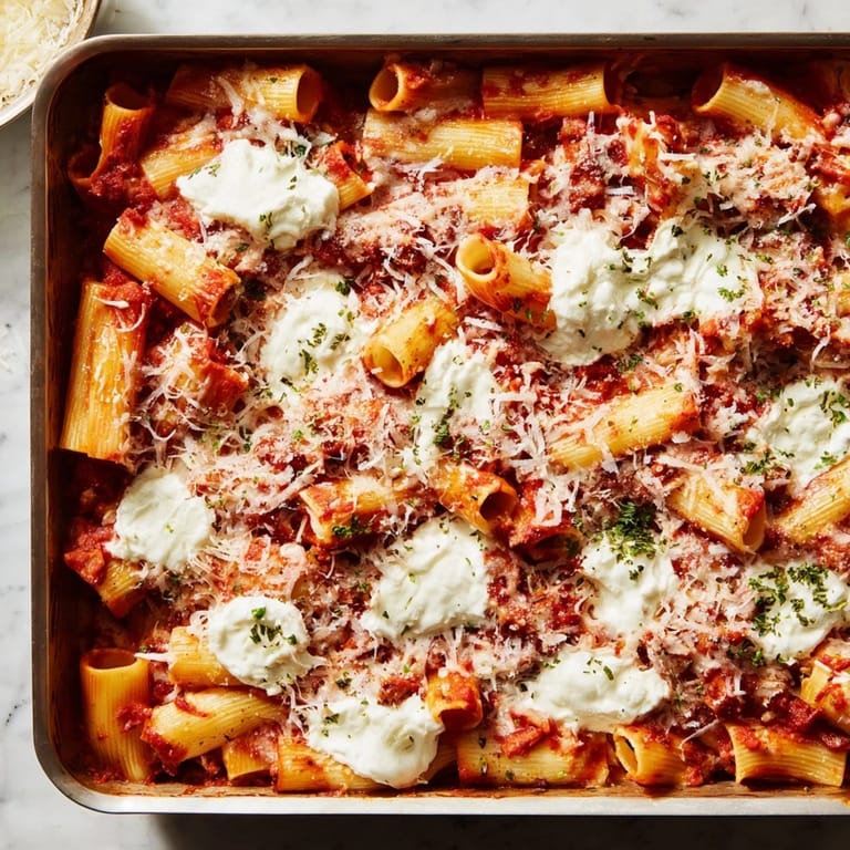 Comforting Baked Ziti recipe with golden, bubbling cheese topping on ziti pasta, perfect for an easy weeknight dinner.