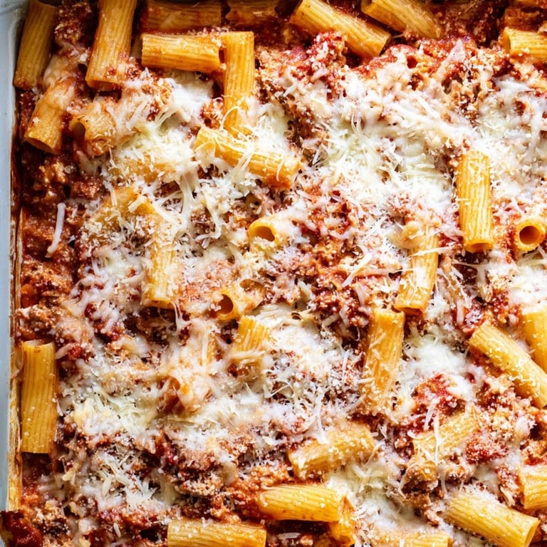 Freshly baked Baked Ziti served warm on a rustic wooden table, with rich tomato sauce and creamy ricotta layers.