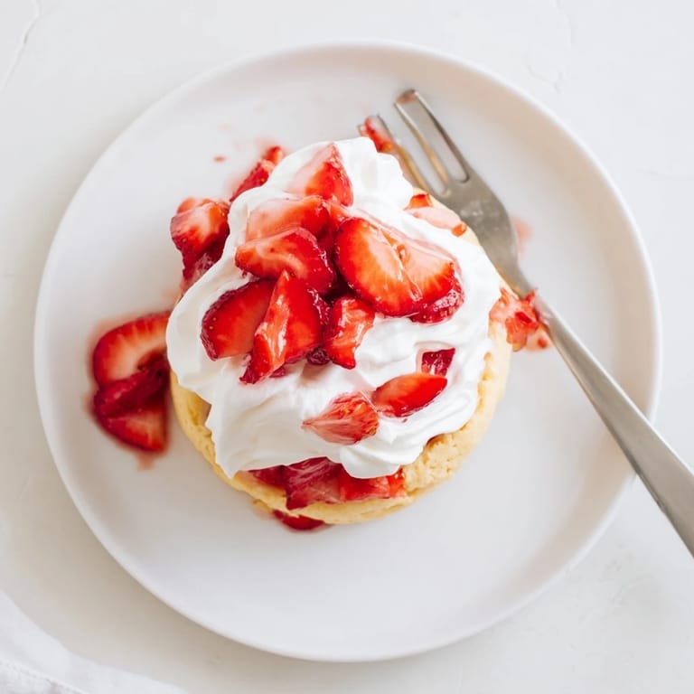 Homemade Strawberry Shortcake dessert layered with juicy berries and fluffy whipped cream on a plate.