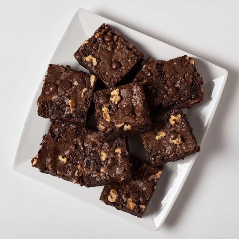 Square of fudgy brownie on a white plate next to a tall glass of milk, perfect for an indulgent dessert.