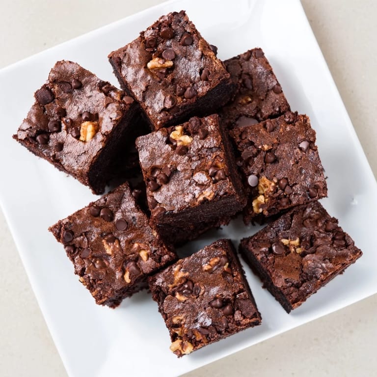 Glossy chocolate brownies with chopped walnuts inside, served warm with a melting scoop of vanilla ice cream on top.