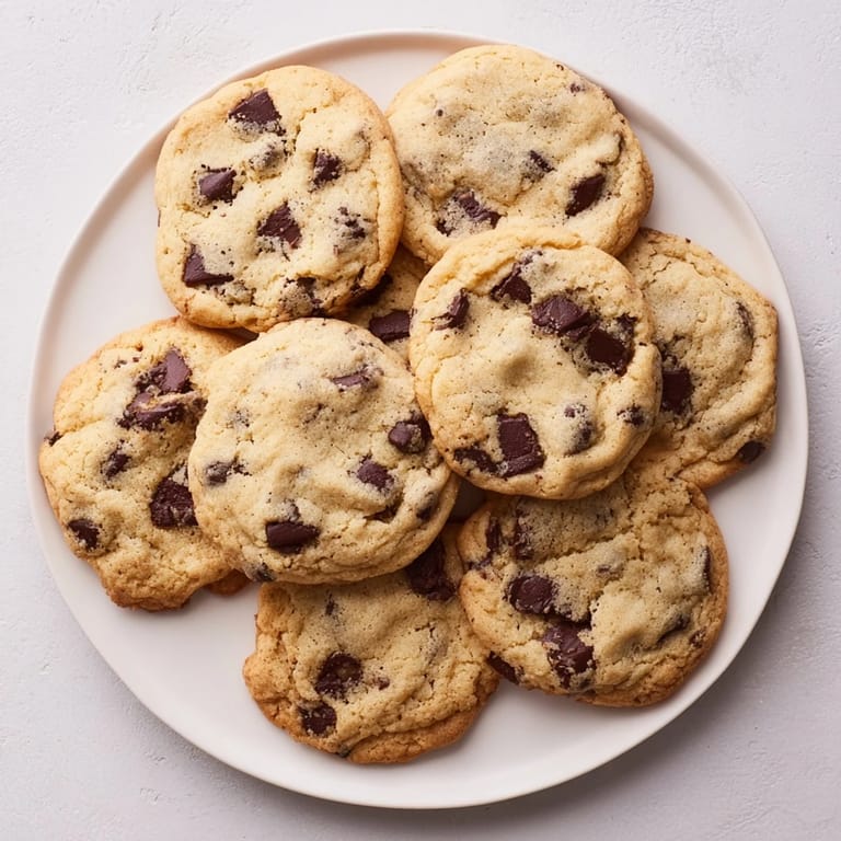Freshly baked Chocolate Chip Cookies stacked on a wire rack, cooling with crispy golden edges.