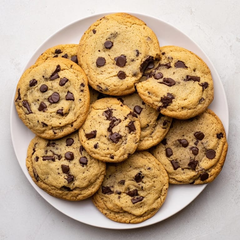 Homemade American-style Chocolate Chip Cookies arranged on a plate, perfect for serving with cold milk.