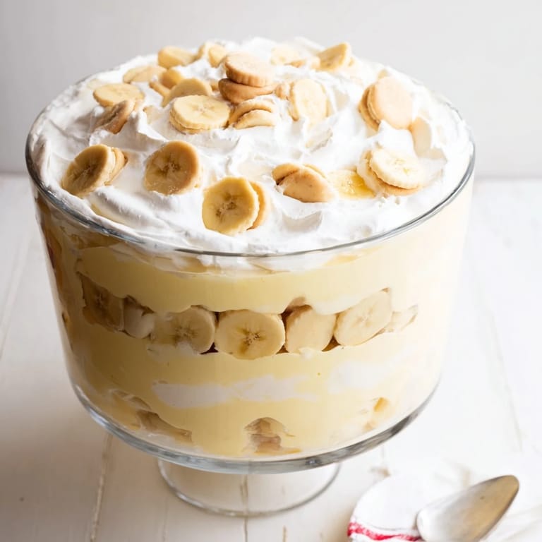 Whipped cream topping on chilled Southern-style Banana Pudding garnished with a golden vanilla wafer.