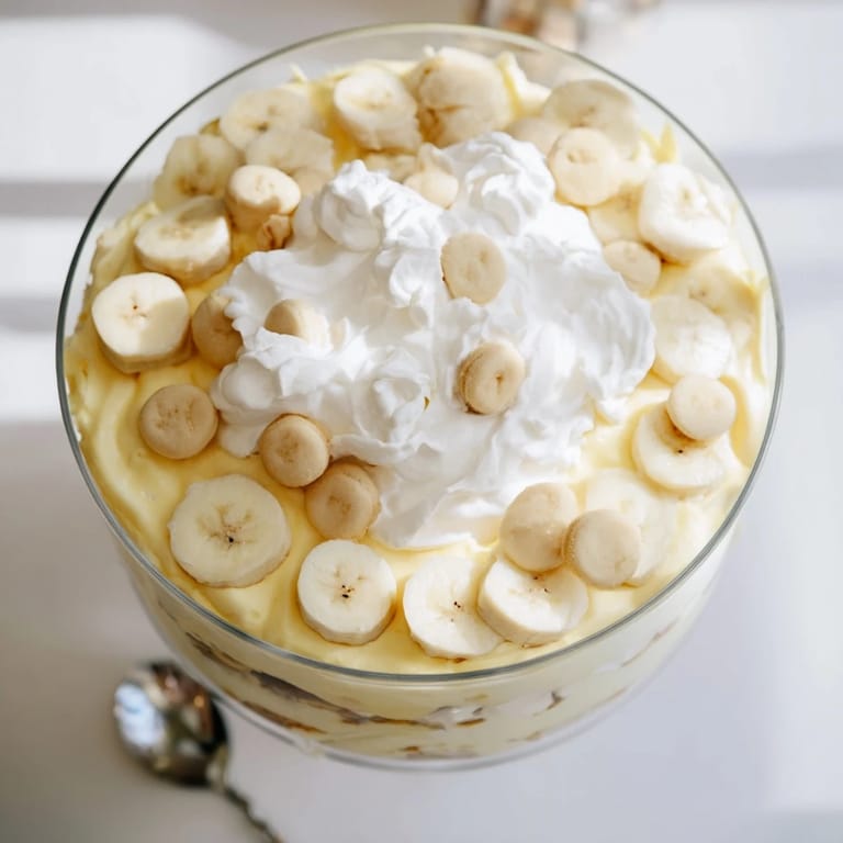 Close-up of layered Banana Pudding dessert with smooth custard and ripe banana slices ready to serve.