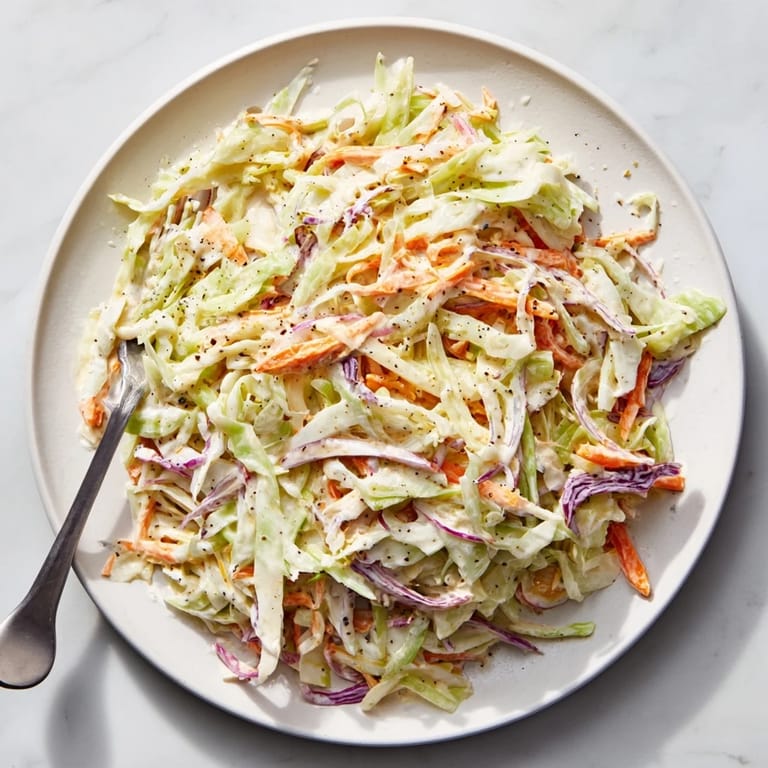 Bright bowl of creamy Coleslaw with shredded green cabbage, carrots, and a tangy, homemade dressing.