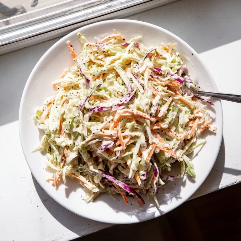 Classic American Coleslaw featuring crunchy cabbage and carrots, tossed in a creamy sauce for BBQ sides.