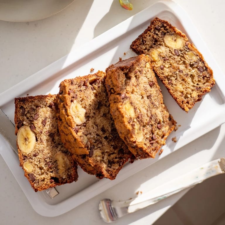 Freshly baked Banana Bread loaf topped with walnuts beside a steaming mug of coffee.