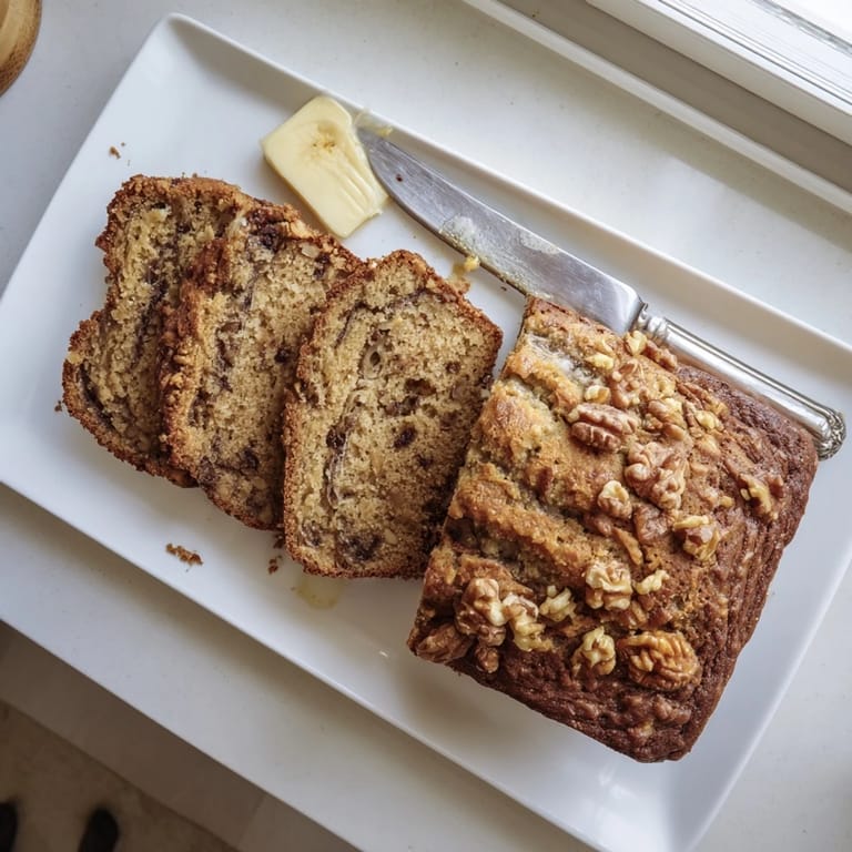 Moist Banana Bread with chocolate chips on a white plate, perfect afternoon snack in sunlight.