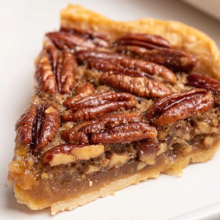 Close-up of a rich pecan pie showing gooey brown sugar custard and caramelized pecan halves.