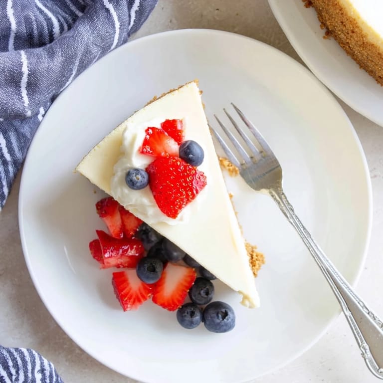 Whole New York Cheesecake with a smooth top, served on a marble cake stand next to a bowl of mixed berries.