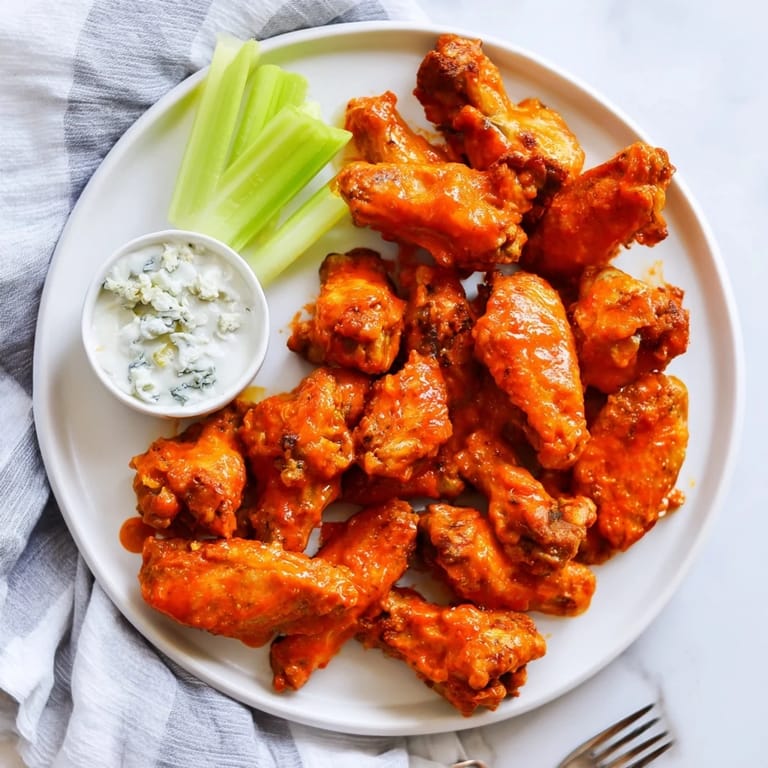 Close-up of saucy Buffalo Wings tossed in tangy red sauce, served with cool dip and celery.