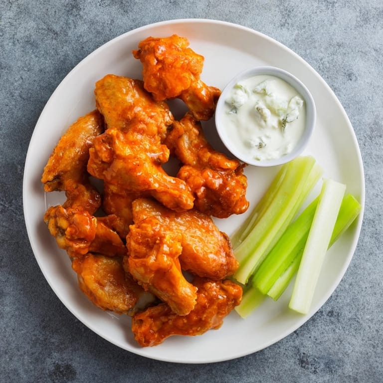 Freshly fried Buffalo Wings on a platter, garnished with celery and blue cheese dip for dipping.