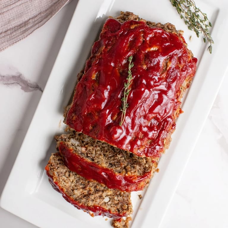 A tender, juicy slice of glazed Meatloaf revealing seasoned ground beef and onions, plated for a comforting family dinner with a side of gravy.