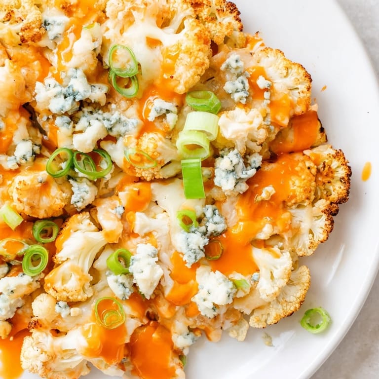 A vegetarian Buffalo Cauliflower Pizza garnished with fresh parsley, served with a side of ranch dressing.