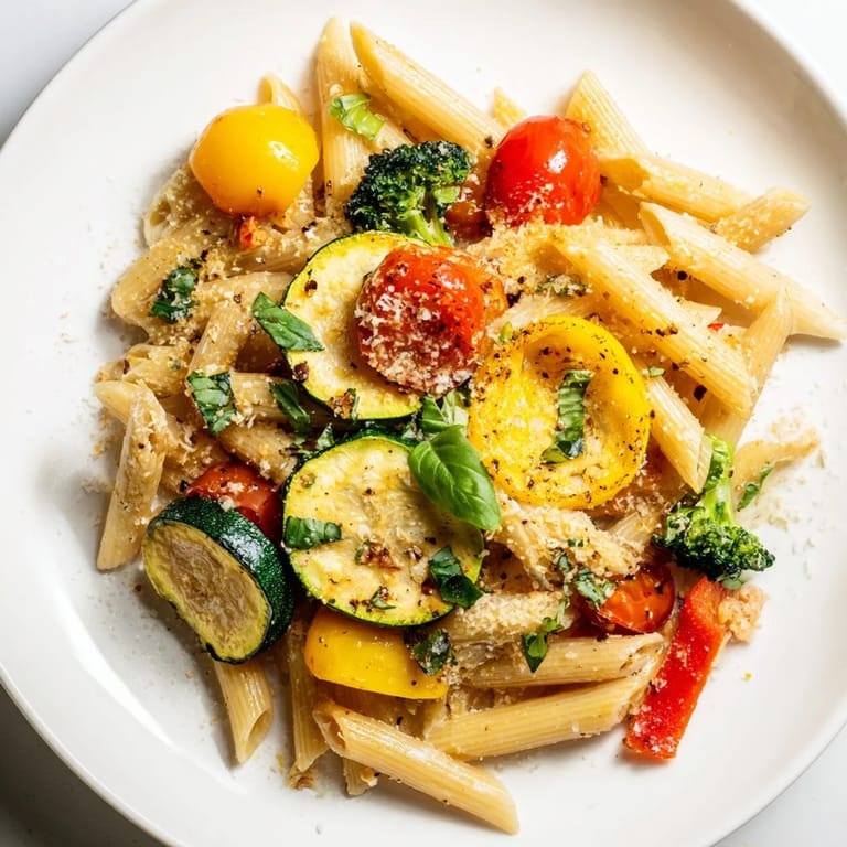 A close-up of vegetarian Pasta Primavera shows steaming noodles, golden roasted vegetables, and a sprinkle of Parmesan and fresh basil.