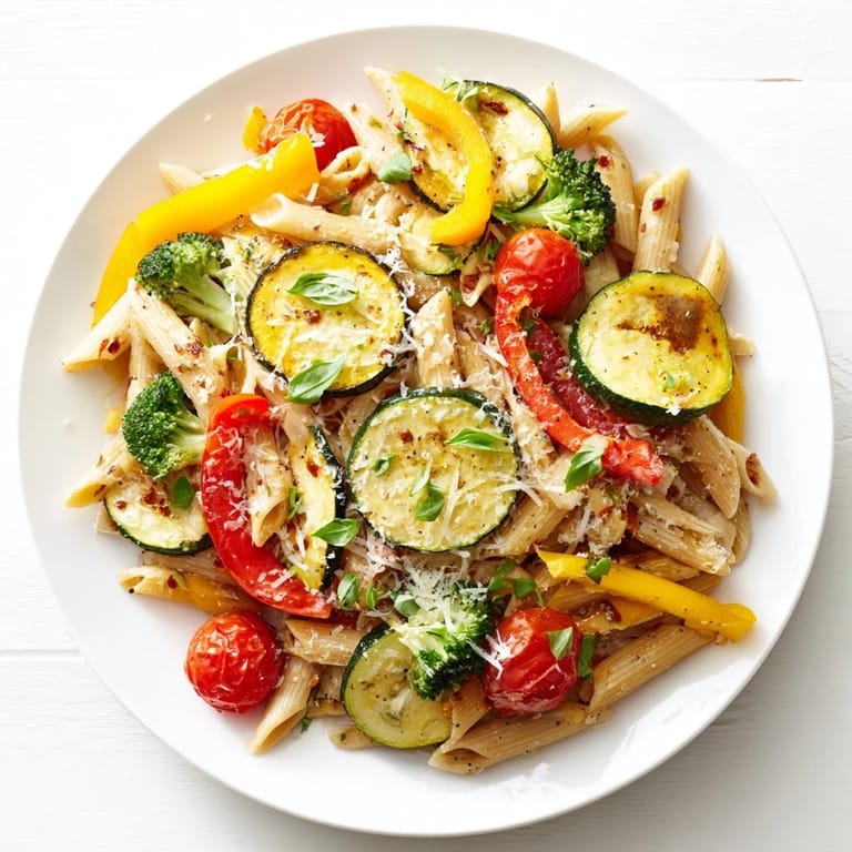 Colorful seasonal vegetables and al dente pasta fill a white bowl, ready to serve as a hearty Pasta Primavera main dish.