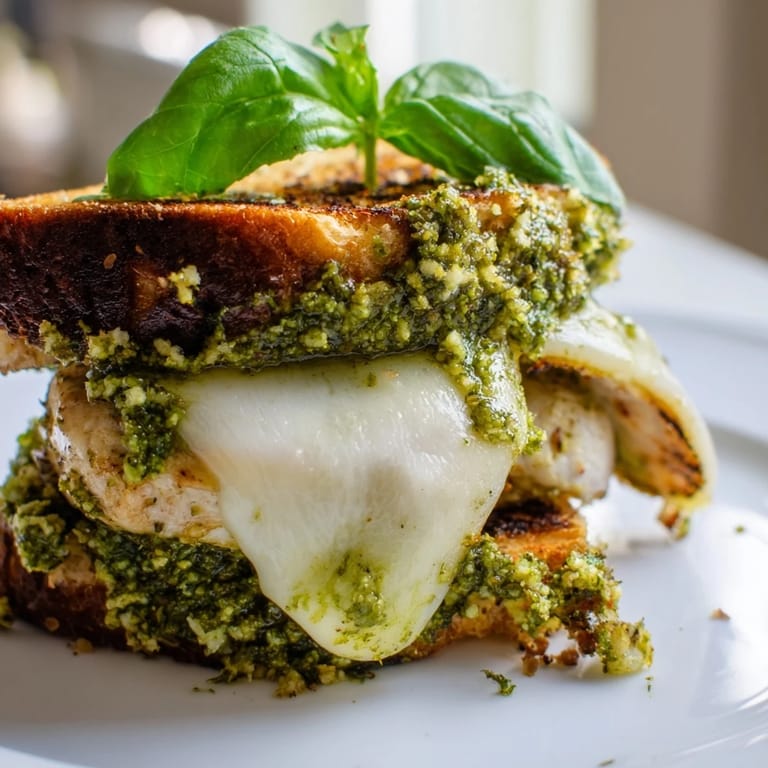 A toasted ciabatta sandwich filled with juicy chicken, melted mozzarella, and fresh basil pesto.