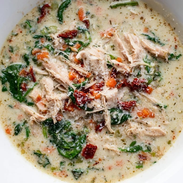 A close-up view of Creamy Tuscan Chicken Soup garnished with fresh parsley and Parmesan, revealing a velvety broth with tender chicken and vibrant spinach.  
