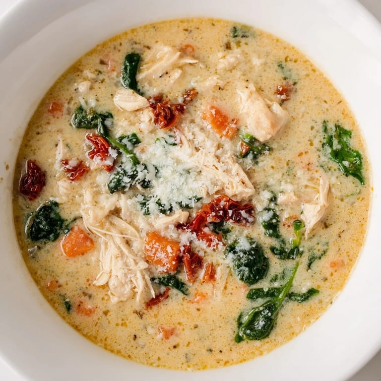 Overhead shot of Creamy Tuscan Chicken Soup served with crusty bread for dipping, highlighting golden shreds of chicken and sun-dried tomatoes.