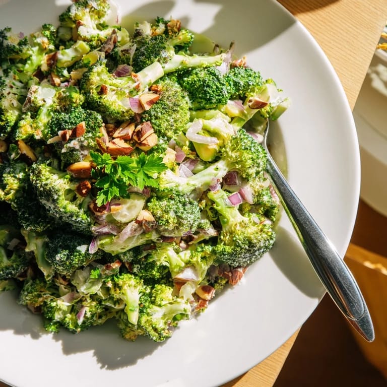 Bright green broccoli with red onion and cherry tomatoes tossed in a tangy, savory dressing, ready to serve chilled.  