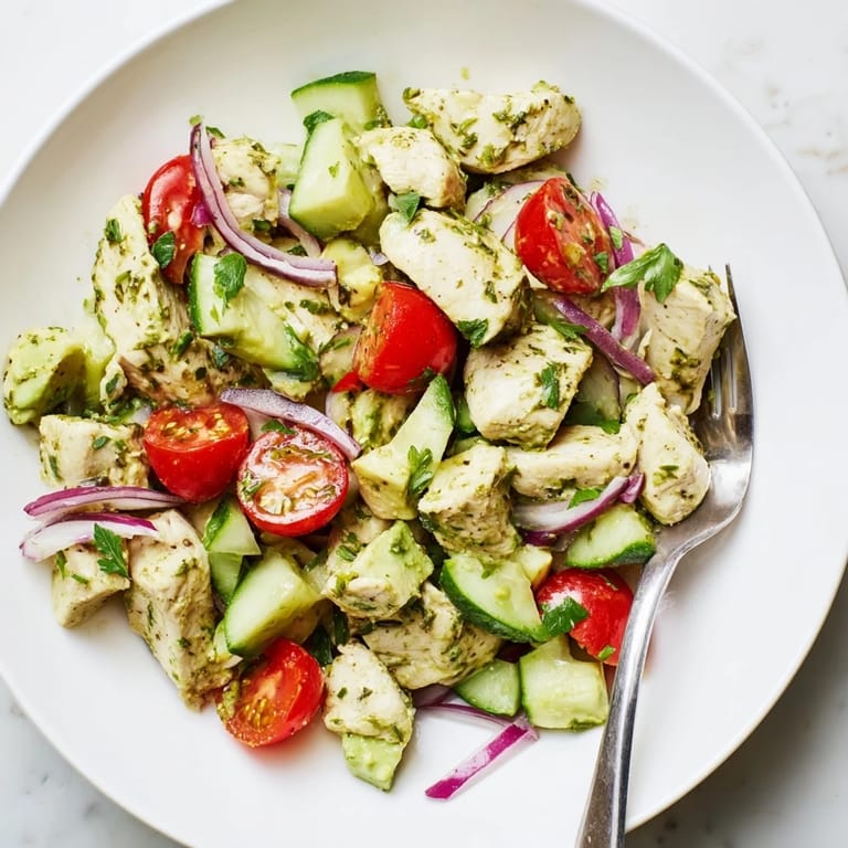 Fresh avocado chicken salad with tender chicken, vibrant vegetables, and a light lime dressing.