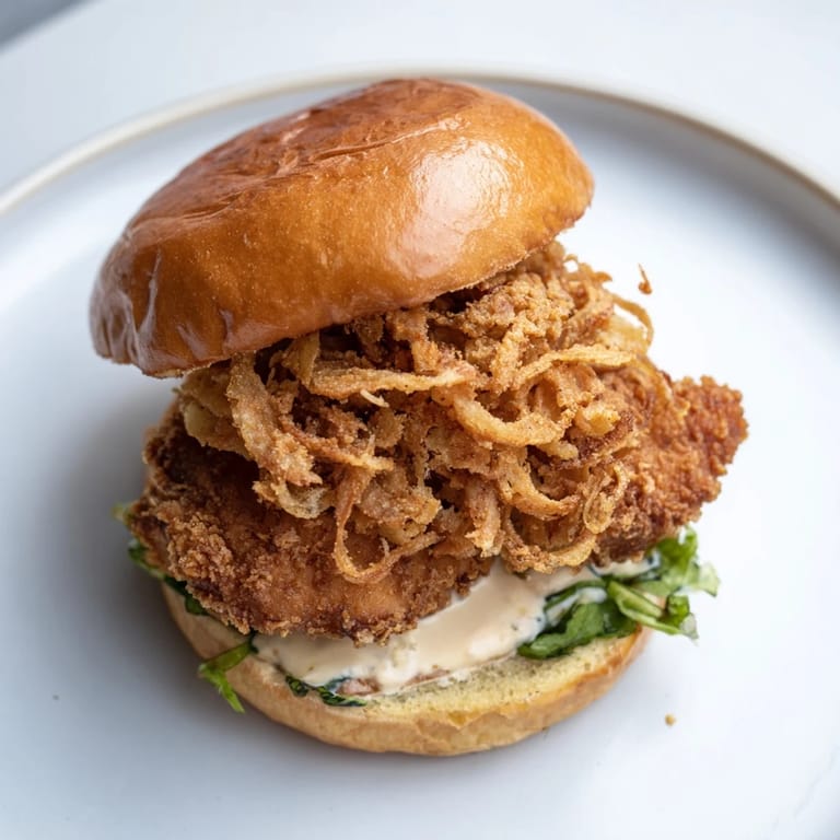 Juicy buttermilk-marinated chicken sandwich with crunchy onion rings and tangy aioli served on a soft, buttery brioche bun.